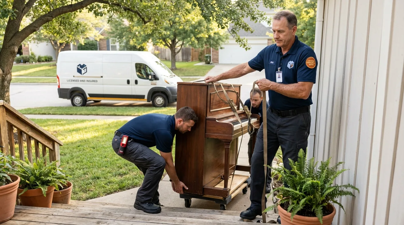 Licensed piano movers securing grand piano in East Wenatchee, WA