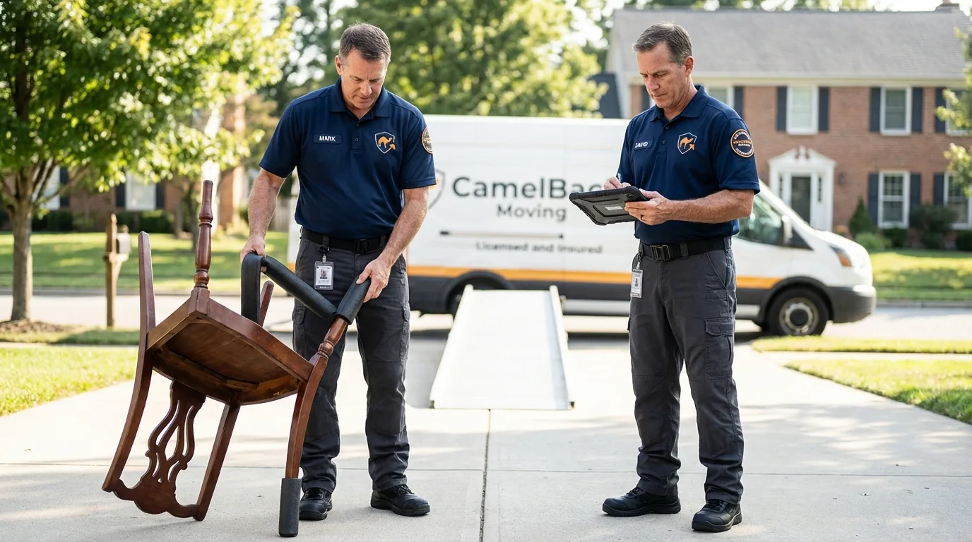 Movers inspecting furniture for damage prevention before loading in East Wenatchee, WA