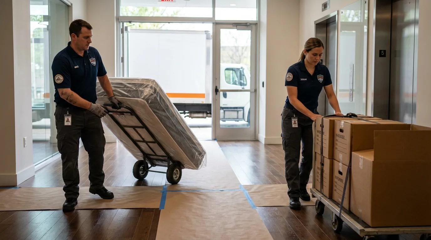 Professional apartment movers loading elevator in East Wenatchee, WA