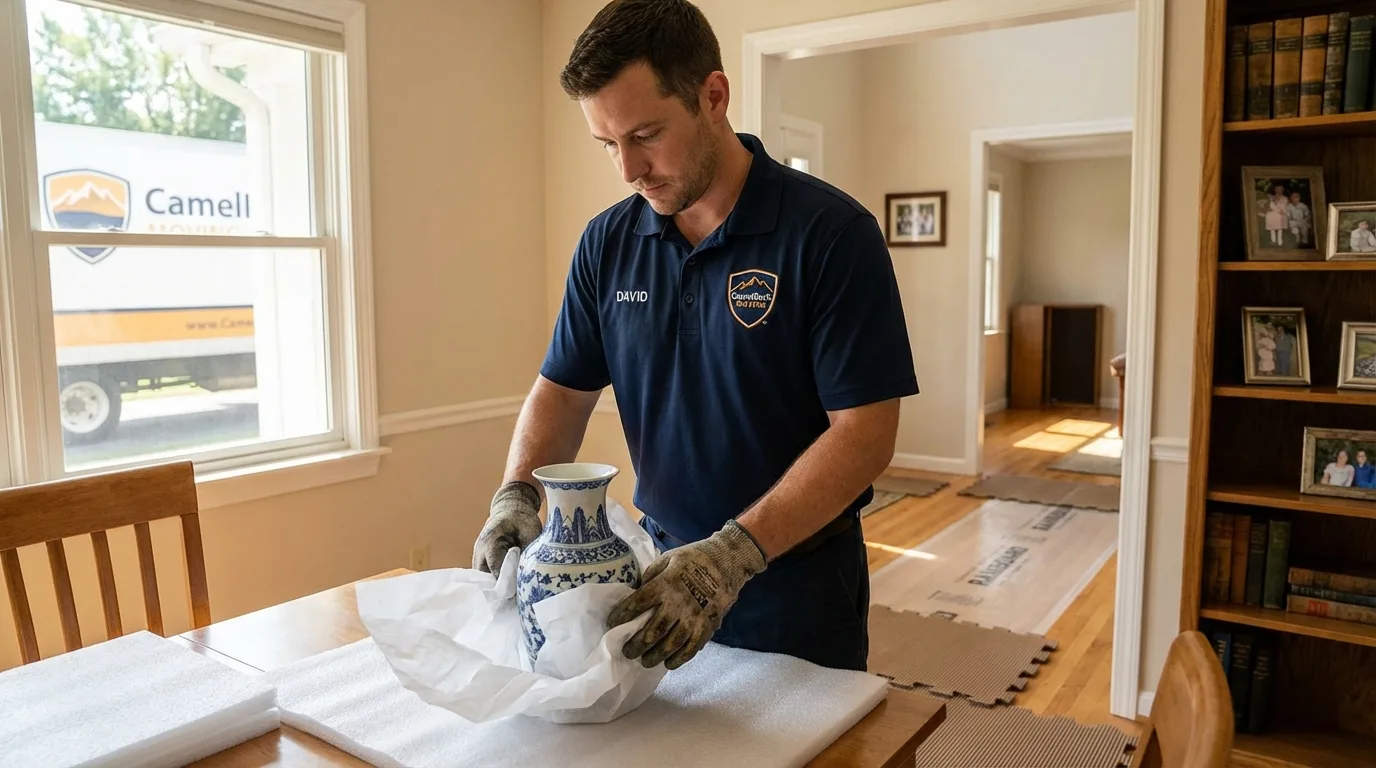 Professional crew carefully wrapping antique vase for senior downsizing move in East Wenatchee, WA
